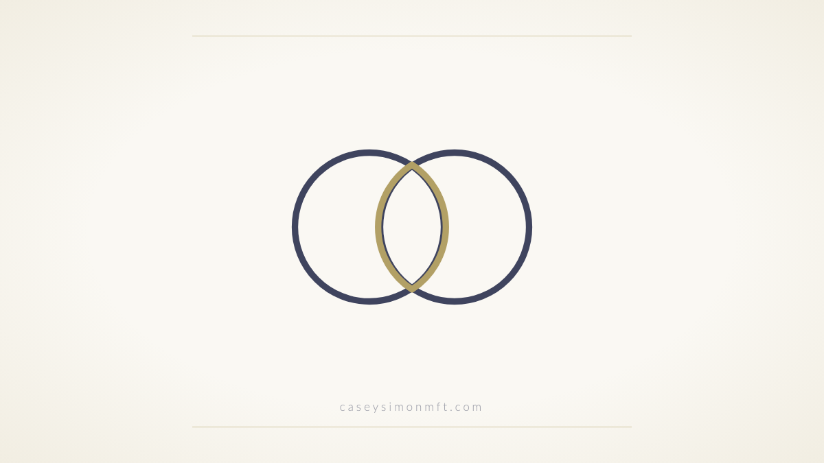 Two overlapping outlined circles with the shared space traced in gold