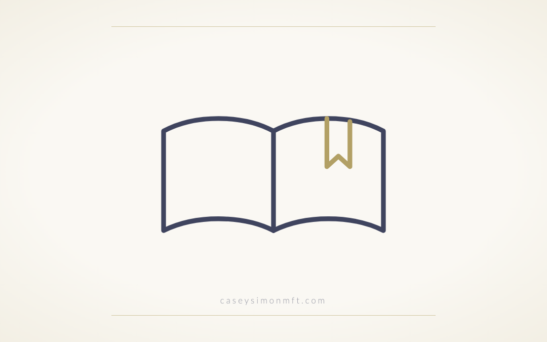 Line drawing of an open book with a gold bookmark, on a cream background