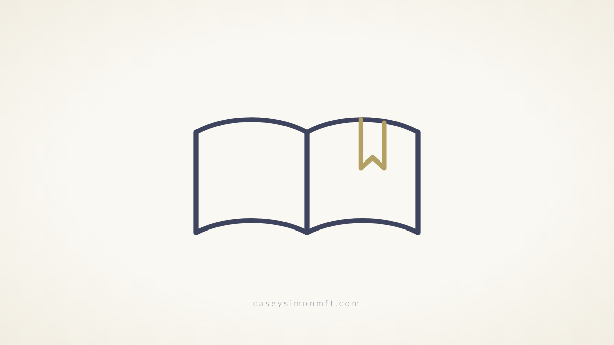 Line drawing of an open book with a gold bookmark, on a cream background