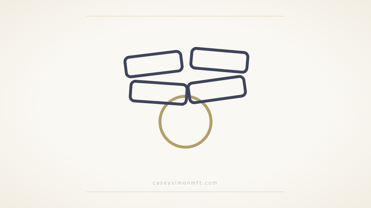 Four outlined labels piled above a gold circle peeking out beneath them